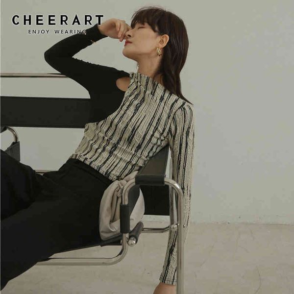 

cheerart designer t shirt for women hollow-out ladies t shirt patchwork long sleeve tee shirt femme underwear 210323, White