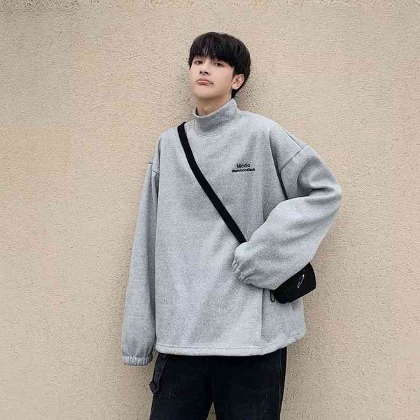 

men's hoodies & sweatshirts camisola casual para homem de manga comprida solta estilo coreano hong kong amantes veludo preppy meia gola, Black