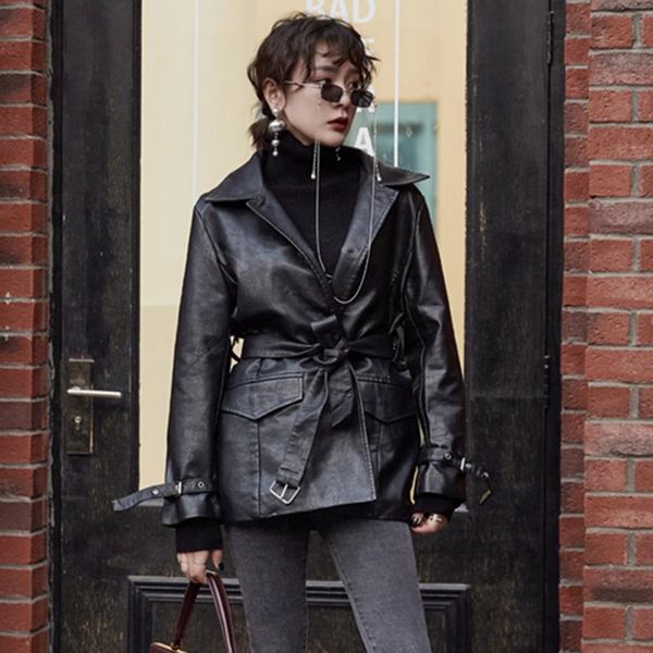 

womens leather patchwork pu jackets lapel long sleeve high waist lace up loose streetwear black coats female 2021 clothing