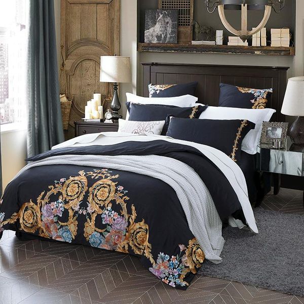 

bedding sets luxury egypt cotton european classic black set embroidery silky duvet cover bed sheet pillowcases  4/6pcs size king