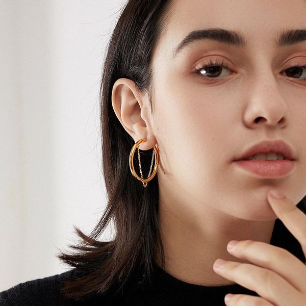 

hoop & huggie big circle earrings metal round ring tassel chain ear buckle women vintage fashion goddess style earclip senior trendy jewelry, Golden;silver