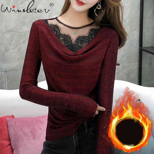 

women's t-shirt spring autumn women v neck fleece tee warm thick tshirts female bottoming long sleeve mesh lace slim t07919b 8, White