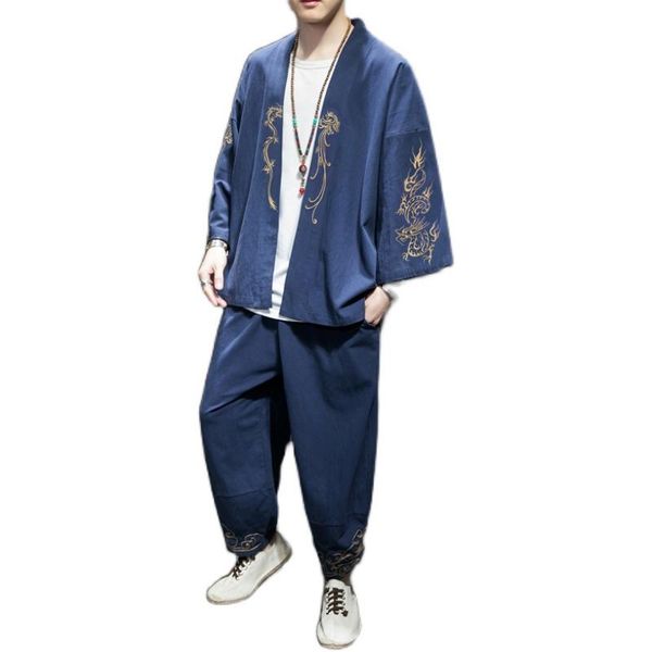 

5xl male japanese style kimono set fashion harajuku summer streewear dragon embroidery casual chinese uniforms xxxxxl ethnic cloth clothin, Red