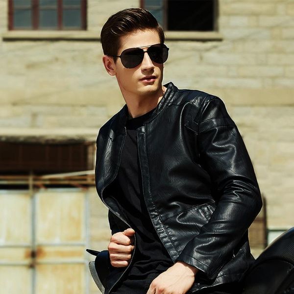 

men's fur & faux fashion stand men leather jacket zippers winter mens pu jackets pockets solid motorcycle coat, Black
