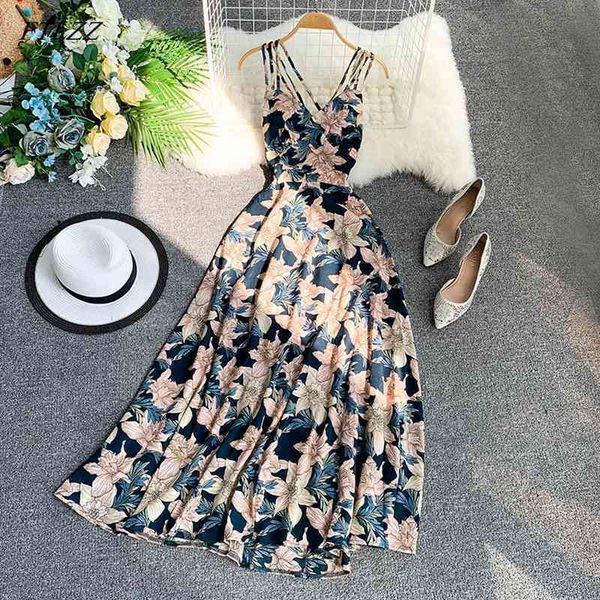 

ftlzz women floral print dress summer v-neck backless long dresses female elegant bohemian party dress vestido 210325, Black;gray