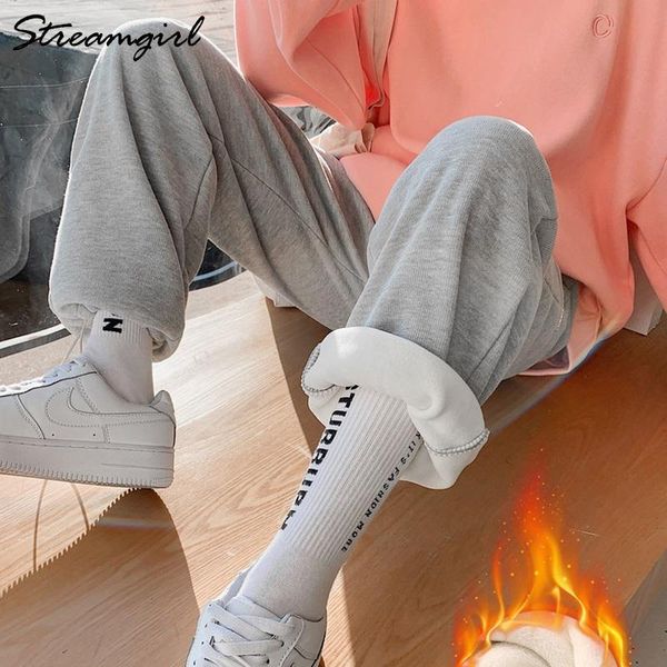 

women's pants & capris winter velvet sweatpants for women 2021 loose long high waist wide leg female thick outdoor warm, Black;white