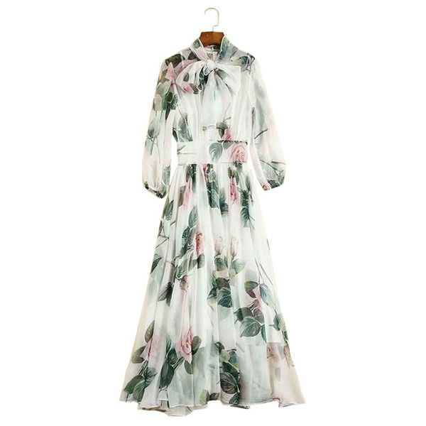 

casual dresses rose flower print white chiffon dress long sleeved holiday maxi, Black;gray