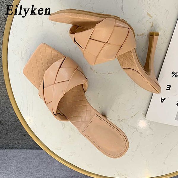

eilyken summer new design weave square toe heels pu leather slippers gladiator beach womens sandal slides shoes y0427, Black