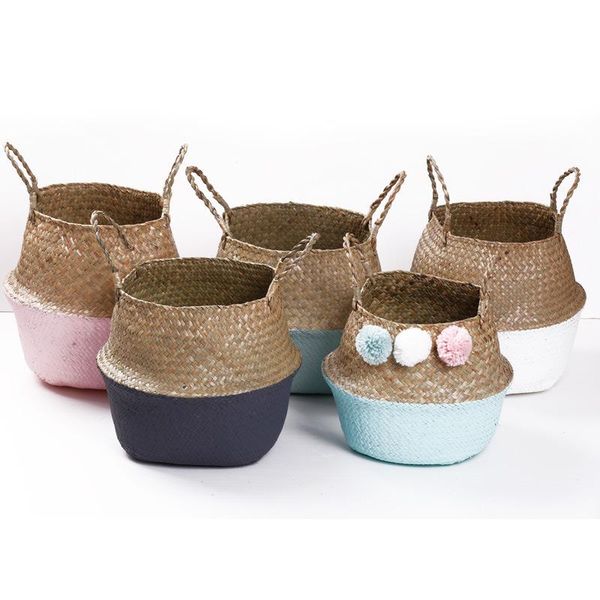 

storage baskets handle seagrass laundry basket folding handmade straw flowerpot planter wicker clothes toys holder organizer