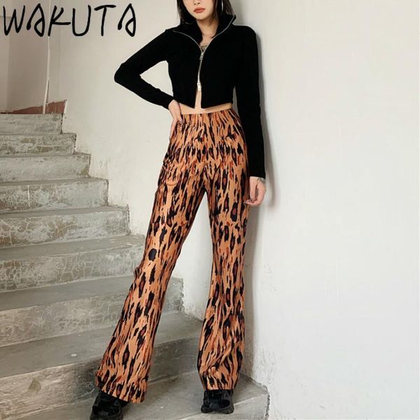 

high street stylish flare pants women fall leopard print waist skinnny trousers streetwear plus size long women's & capris, Black;white