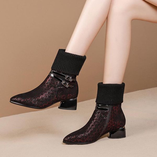 

boots vintage prints sheepskin leather women pointed toe ankle prom party shoes woman big size chunky med heels, Black