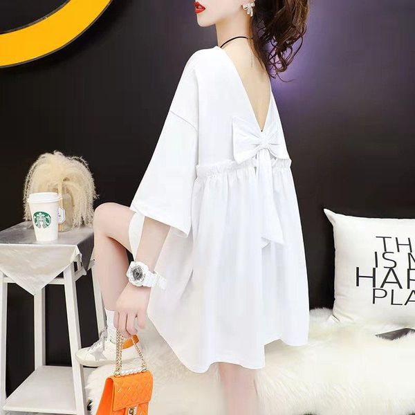 

women's t-shirt cotton 2021 summer backless female korean version ins tide loose plus size half-sleeve careful machine girl, White