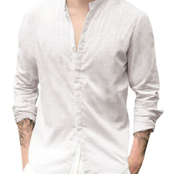 

men's fashion shirts stand collar cotton linen long sleeve, White;black
