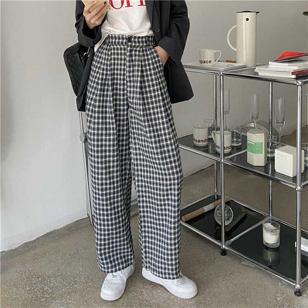 

slim elegant women plaid casual wide loose-fitting geometric plus size straight girls chic high waist pants 210706, Black;white