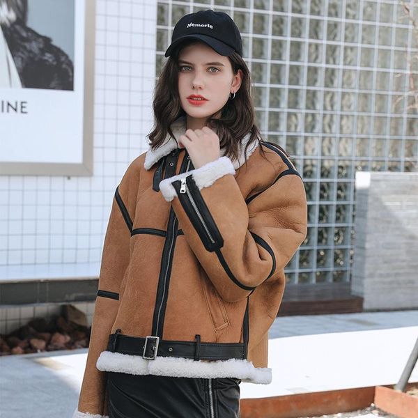 

women's fur & faux natural coat women sheep shearling female jacket short motorcycle clothing fashion 2021 mujeres abrigos pph2103, Black