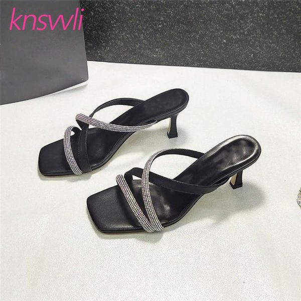 

slippers rhinestone cross strap mules high heels woman sandals genuine leather summer party shoes thin heel women sexy, Black