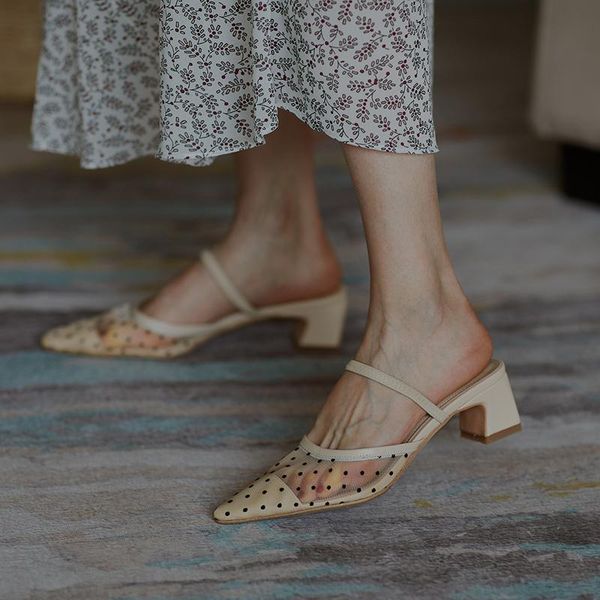 

genuine leather mature women shoes air mesh ladies slippes wedding casual med heel slingbacks woman slippers, Black