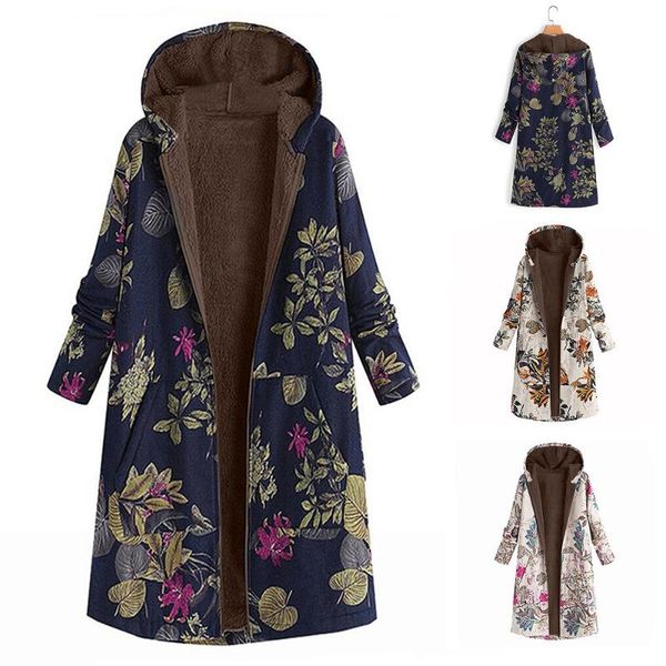 

women's wool & blends 2021 autumn winter women warm coats vintage plus size fleece hooded jacket flower print hoody long sleeve zipper, Black