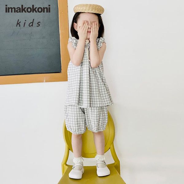 

clothing sets imakokoni children's cotton sleeveless vest pants cute plaid suit girls summer thin section 21574, White