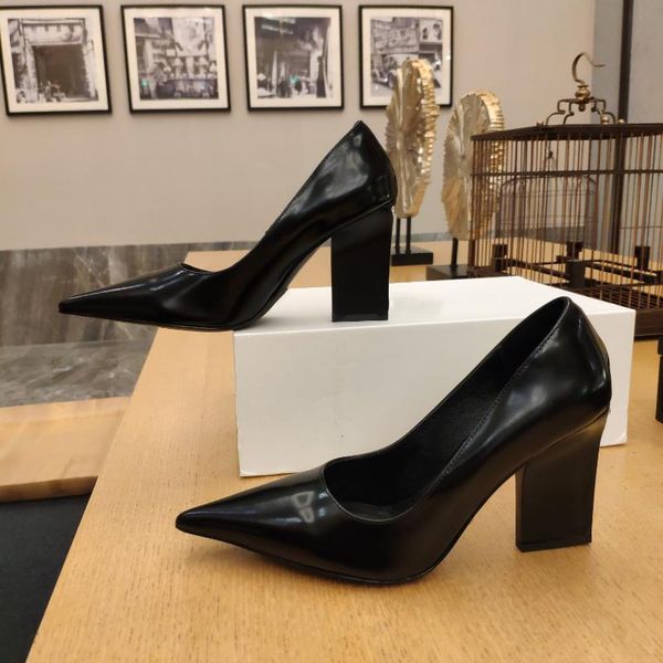 

dress shoes triangle square heels women autumn genuine leather designer pointed toe slip-on pumps chaussure femme size 34-41, Black