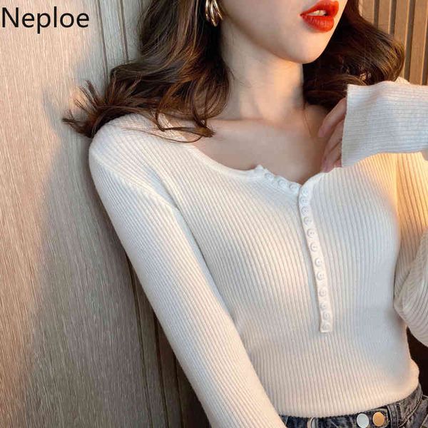 NAPOE V Yaka Kazak Kadınlar için Moda Kore Slim Uzun Kollu Örme Kazaklar Zarif Bayan Kazak Triko Güz 210422