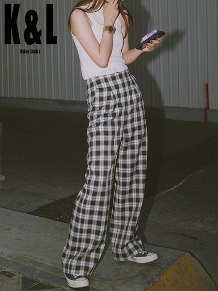 

women's pants & capris k&l kylen plaid casual women 2021 early autumn street loose high waist trousers were thin wide leg retro, Black;white
