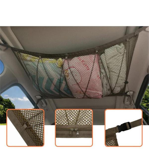 

car organizer interior ceiling net bag, 35"x25" adjustable double-layer roof cargo with zipper and drawstring for storage
