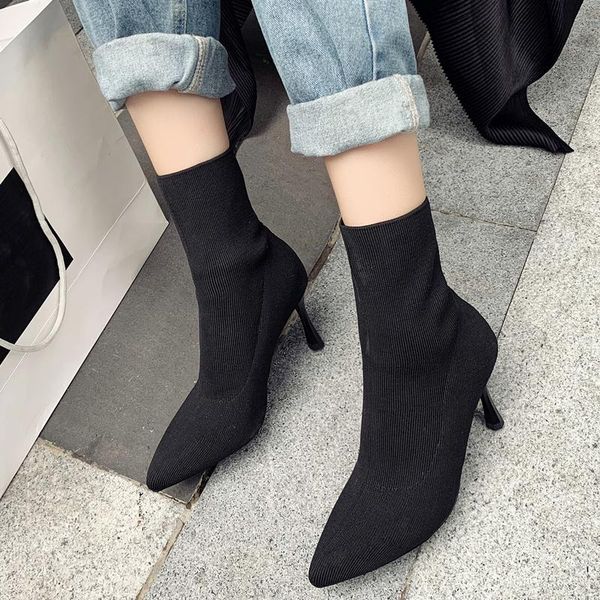 

boots socks women 2021 knitted sock shoes black heels spring autumn ankle female pointed toe slim short