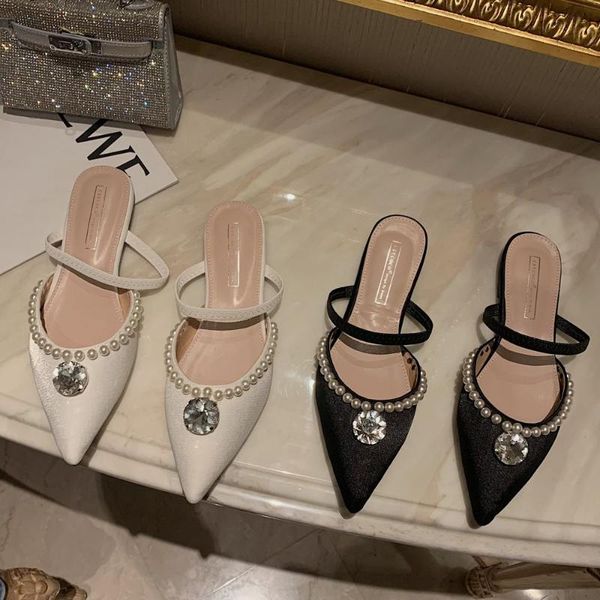 

slippers 2021 pointed toe mules rhinestone pearls women's shoes designer slides woman slip on crystal mule flat heels, Black