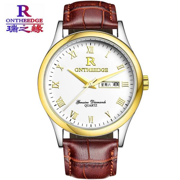 

wristwatches ontheedge fashion quartz men watch leather casual watches classic clock wristwatch day and date function relogio masculino gift, Slivery;brown