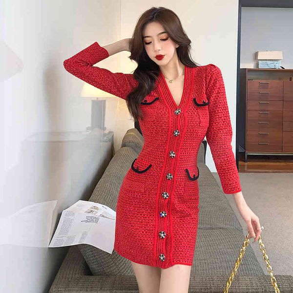 

casual dresses french small fragrant style crochet knitted dress autumn/winter skinny with low neckline v package buttocks dressed dgyy, Black;gray