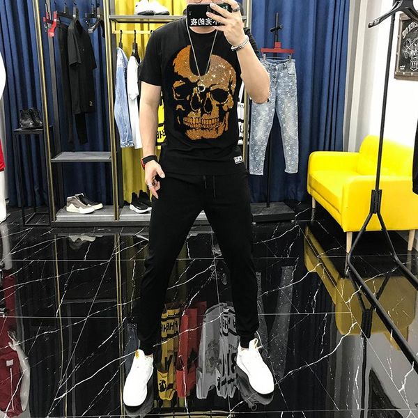 

men's tracksuits sets black t-shirt shiny diamond skull couple oversized track suit cotton fabric sweatshirt + pants 2 pack, Gray