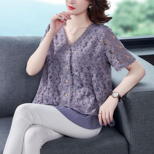 

women's blouses & shirts plus size lace blouse women korean style female short sleeve shirt 2021 summer loose fashion blusa femininas, White