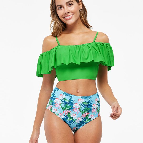 

swimwear split printed high waisted bikini with ruffle, White;black