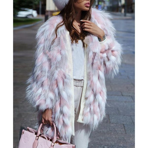 

women's fur & faux fashion contrast color real jackets women elegant loose winter coats o neck casual ladies, Black