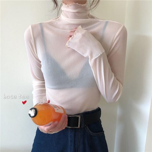 

women's t-shirt autumn 2021 korean version thin wooden ear edge high neck long sleeve with careful machine bottoming top, White