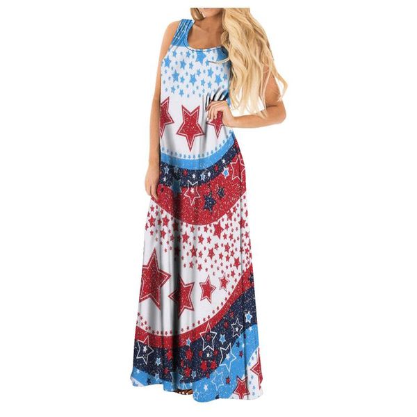 

casual dresses fashion women independence day print maxi dress o-neck long loose sleeveless summer 2021 vestidos, Black;gray