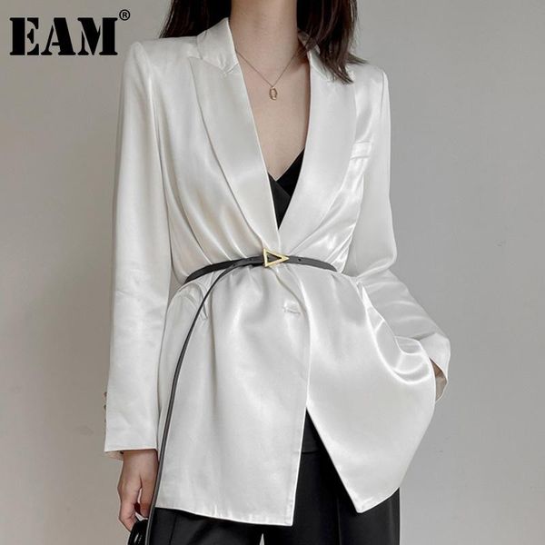 

women's suits & blazers [eam] women white silky single button blazer lapel long sleeve loose fit jacket fashion tide spring autumn 2021, White;black