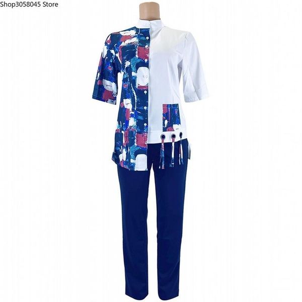 

ethnic clothing 2 piece set women slim solid pants and short sleeve tassel split shirt 2021 fashion print irregular office lady suit out, Red