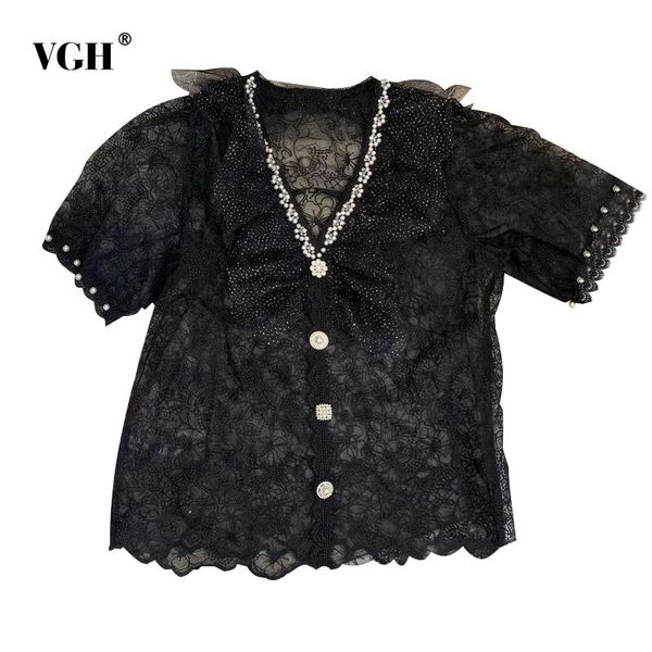 

women's blouses & shirts vgh casual black lace patchwork for women v neck puff short sleeve perspective female 2021 summer fashion clot, White