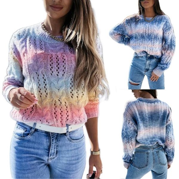

casual dresses women hollow knit sweater, adults loose gradient tie-dye long sleeve round neck pullover, Black;gray