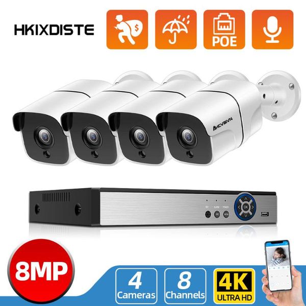 

h.265+ 8mp poe video security surveillance system 8ch 4k nvr with 4/8pcs weatherproof cameras cctv kit wireless camera kits