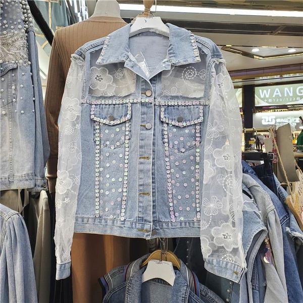 

women's jackets spring autumn 2021 women fashion sequin lace patchwork denim outerwear loose casual korean lapel long sleeve jeans jack, Black;brown