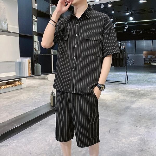 

summer men's set korean casual striped short sleeve shirts knee-length elastic shorts chest pockets, Gray
