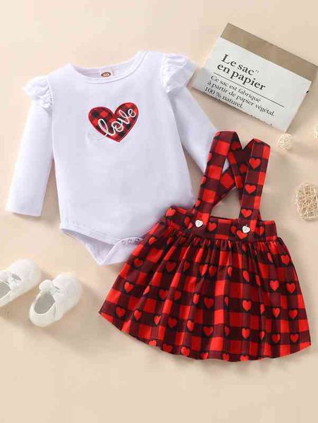 

baby letter & heart embroidery ruffle trim bodysuit & pinafore skirt she, Blue