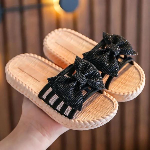 

slipper fashion summer girls sandals flat non-slip children beach slippers princess sweet big bow toddler baby casual shoes girl, Black;grey