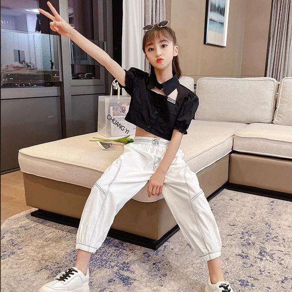 

clothing sets girls summer suit 2021 children's net red hollow shirt girl korean style fashionable trousers, White