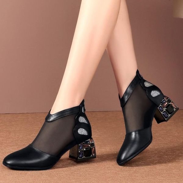 

boots 2021 spring and summer leather stitching mesh fashion metal diamond thick heel square head breathable, Black