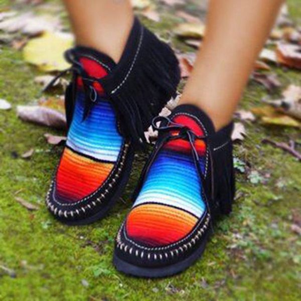 

boots 2021 winter tassel woman flats ethnic lace up comfort retro ankle rivet sneakers women plus size shoes, Black