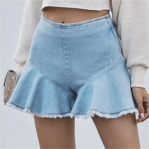 

women's shorts 2021 style blue high waist flared hem denim ruffle casual streetwear a-line zipper frayed ladies short jeans, White;black